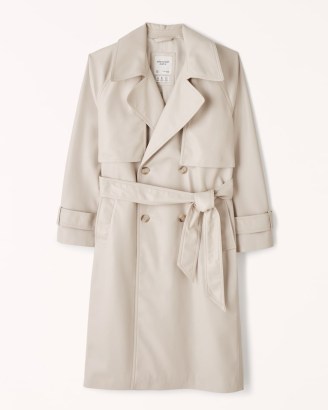 Abercrombie & Fitch Vegan Leather Trench Coat in Light Taupe ~ luxe style tie waist coats ~ womens on-trend outerwear - flipped