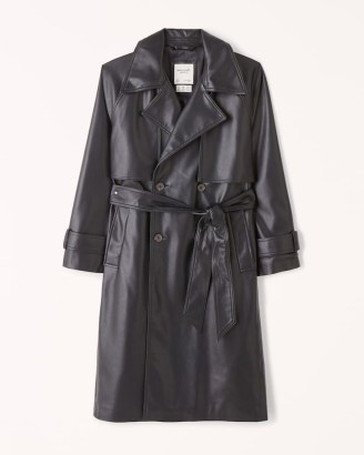 Abercrombie & Fitch Vegan Leather Trench Coat in Black | womens luxe style fake leather tie waist coats - flipped