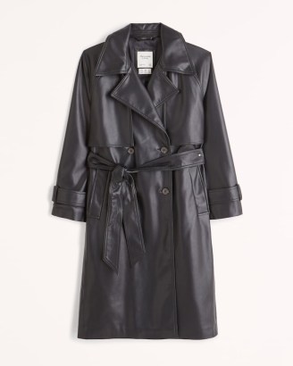 Abercrombie & Fitch Vegan Leather Trench Coat in Black | womens luxe style fake leather tie waist coats