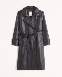 Abercrombie & Fitch Vegan Leather Trench Coat in Black ~ women’s fake leather tie waist coats