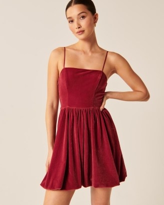 Abercrombie & Fitch Velvet Bubble Hem Mini Dress in Red – strappy puffball hemline party dresses – spaghetti shoulder strap evening fashion