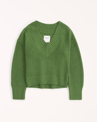 Abercrombie & Fitch Wedge V-Neck Sweater in Green ~ women’s drop shoulder sweaters - flipped