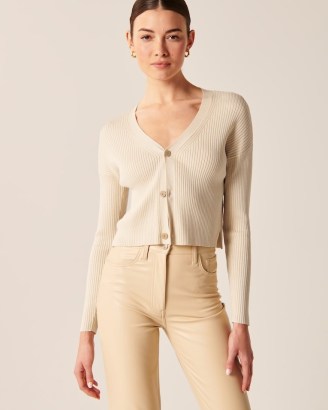 Abercrombie & Fitch Wide Ribbed Cardigan in Cream | womens essential knitwear | style essentials | women’s short length button front cardigans - flipped
