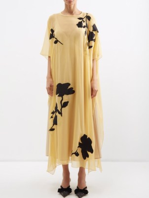 FIL DE VIE Stevie floral-appliqué chiffon kaftan dress in yellow / flowing sheer overlay occasion kaftans / event dresses with under slip - flipped