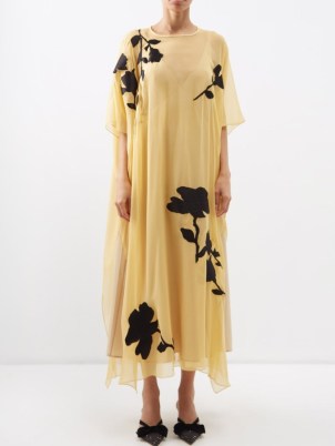 FIL DE VIE Stevie floral-appliqué chiffon kaftan dress in yellow / flowing sheer overlay occasion kaftans / event dresses with under slip
