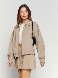 Reformation Yvie Jacket in Khaki | womens collared relaxed fit bomber jackets