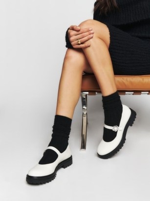 Reformation Adalynn Chunky Maryjane in White – thick lug sole Mary Jane shoes - flipped