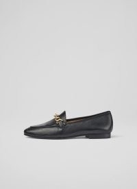 L.K. BENNETT Adalynn Black Leather Snaffle Loafers / womens essential loafer flats / women’s front chain detail day shoes