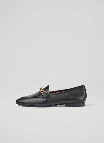 L.K. BENNETT Adalynn Black Leather Snaffle Loafers / womens essential loafer flats / women’s front chain detail day shoes