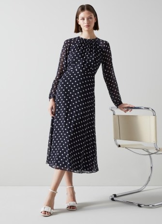 L.K. BENNETT Addison Navy and Cream Spot Recycled Polyester Dress / dark blue sheer overlay polka dot dresses / long sleeve flippy hem frock - flipped