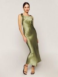 Reformation Aden Silk Dress in Artichoke ~ silky green tie shoulder strap evening dresses