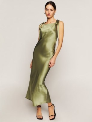 Reformation Aden Silk Dress in Artichoke ~ silky green tie shoulder strap evening dresses - flipped