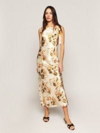 Reformation Aden Silk Dress in Bella ~ silky floral tie shoulder midi slip dresses