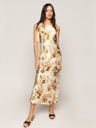 Reformation Aden Silk Dress in Bella ~ silky floral tie shoulder midi slip dresses - flipped