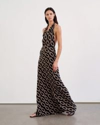 NILI LOTAN ALBA HALTERNECK DRESS in Big Chain Gold / Black – printed silk halter neck maxi dresses