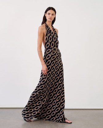 NILI LOTAN ALBA HALTERNECK DRESS in Big Chain Gold / Black – printed silk halter neck maxi dresses - flipped