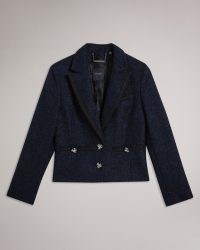 TED BAKER Alenaah Boucle Blazer With Embellished Detail in Dark Blue ~ womens navy tweed style blazers ~ textured crystal button jackets