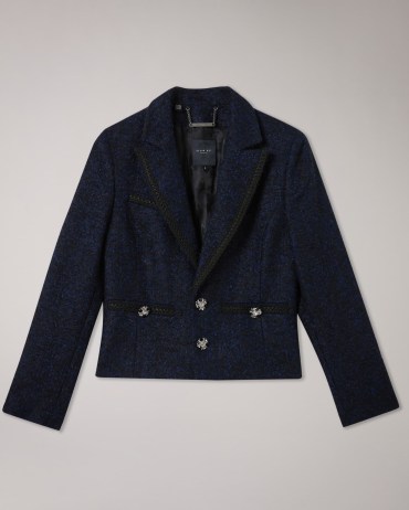 TED BAKER Alenaah Boucle Blazer With Embellished Detail in Dark Blue ~ womens navy tweed style blazers ~ textured crystal button jackets - flipped