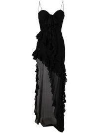 Alessandra Rich frilled side slit gown in black | ruffled spaghetti strap occasion gowns | strappy thigh high split maxi dresses | skinny shoulder straps | semi sheer ruffle trim evening event fashion | sweetheart neckline
