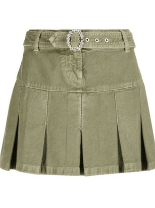 Alessandra Rich pleated denim mini skirt in green – belted embellished buckle skirts - flipped