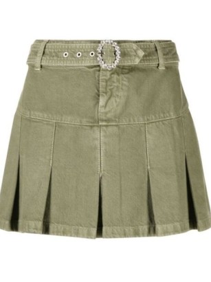 Alessandra Rich pleated denim mini skirt in green – belted embellished buckle skirts