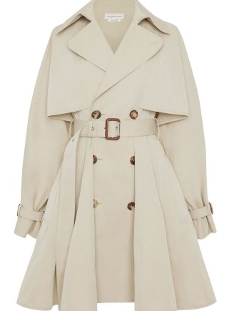 Alexander McQueen A-line pleated trench coat in beige | women’s belted flared hem coats - flipped