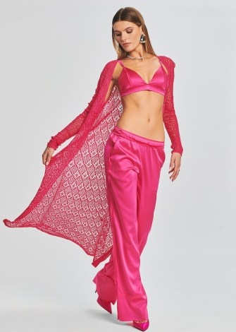 SER.O.YA ALLISON CROCHET CARDIGAN in Hot Pink | sheer longline open front cardigans | vibrant knitwear - flipped