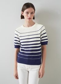 L.K. BENNETT Ally Navy And Ivory Cotton Knitted Top – dark blue striped tops – womens short sleeved jumpers