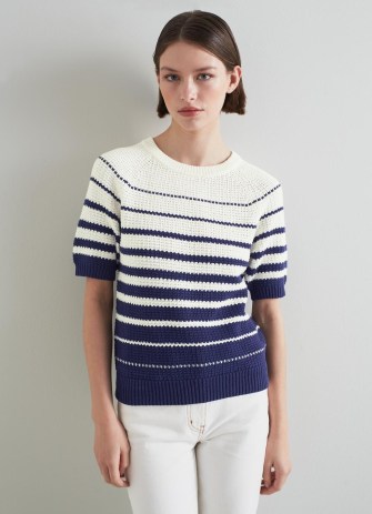 L.K. BENNETT Ally Navy And Ivory Cotton Knitted Top – dark blue striped tops – womens short sleeved jumpers - flipped