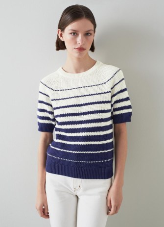L.K. BENNETT Ally Navy And Ivory Cotton Knitted Top – dark blue striped tops – womens short sleeved jumpers