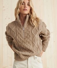 JENNI KAYNE Cable Half Zip in Clove ~ women’s chunky luxe pullovers ~ womens relaxed fit sweaters