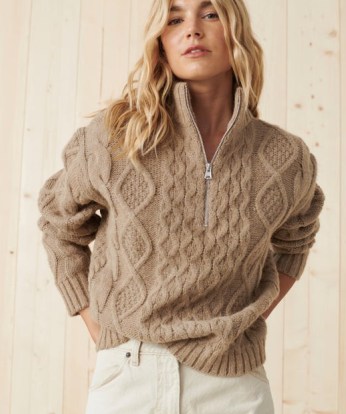 JENNI KAYNE Cable Half Zip in Clove ~ women’s chunky luxe pullovers ~ womens relaxed fit sweaters - flipped