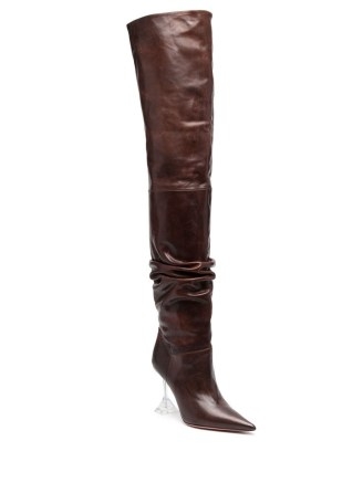 Amina Muaddi Olivia 95mm leather thigh boots in brown | high over the knee brown leather boot | martini heel footwear - flipped