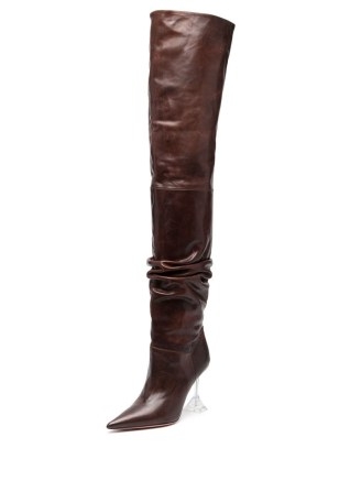 Amina Muaddi Olivia 95mm leather thigh boots in brown | high over the knee brown leather boot | martini heel footwear