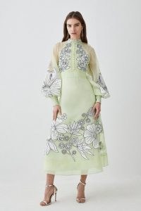 KAREN MILLEN Applique Organdie Buttoned Woven Maxi in Lime ~ green floral sheer overlay occasion dress ~ balloon sleeved event dresses ~ womens sequinned party clothes