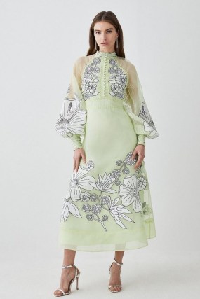 KAREN MILLEN Applique Organdie Buttoned Woven Maxi in Lime ~ green floral sheer overlay occasion dress ~ balloon sleeved event dresses ~ womens sequinned party clothes
