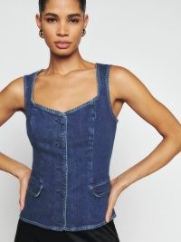 Reformation Asha Denim Top in Salinas ~ women’s blue sleeveless waistcoat style tops ~ slim fit ~ organic cotton fashion