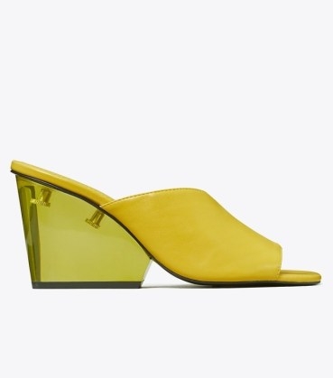 Tory Burch ASYMMETRICAL HEELED MULE SANDAL in Bergamot | lucite wedge heel sandals | clear wedged heels | transparent wedges | citrus coloured shoes - flipped