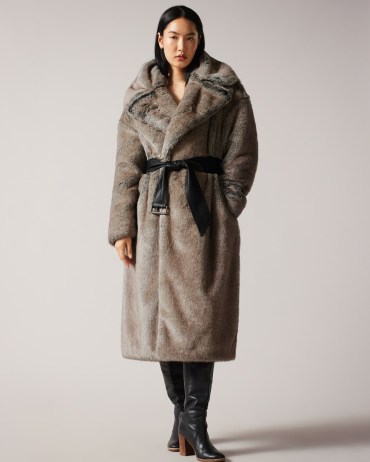 TED BAKER Aubriaa Faux Fur Longline Belted Coat in Camel / glamorous brown fake fur coats - flipped