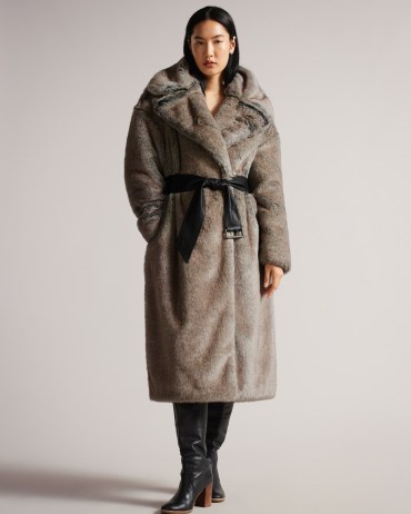 TED BAKER Aubriaa Faux Fur Longline Belted Coat in Camel / glamorous brown fake fur coats