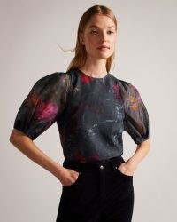 TED BAKER Ayymee Boxy Cropped Top with Puff Sleeve in Black – printed sheer puffed sleeved tops