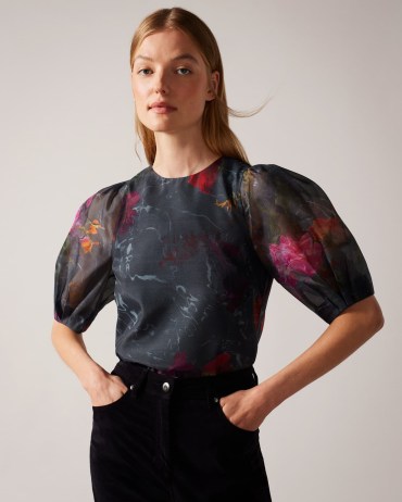 TED BAKER Ayymee Boxy Cropped Top with Puff Sleeve in Black – printed sheer puffed sleeved tops - flipped