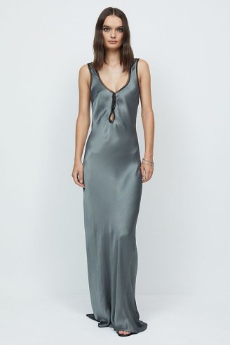Bec + Bridge Celestial Maxi Dress in silver ~ silky satin slip dresses ~ open back detail ~ slinky party fashion