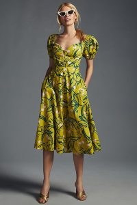 Maeve Puff-Sleeve Sweetheart Dress in Chartreuse ~ printed puffed sleeved fit and flare dresses ~ cotton vintage style fashion