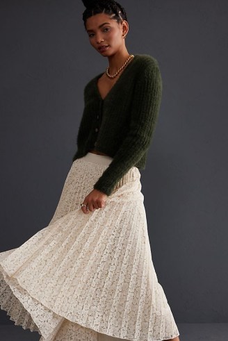 Anthropologie Lace Pleated Midi Skirt in Ivory ~ lined semi sheer overlay floral skirts