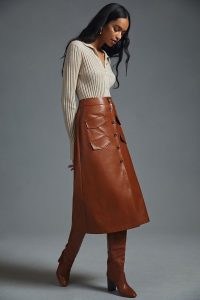 Mare Mare x Anthropologie Faux Leather Skirt in Brown ~ button front pocket detail midi skirts