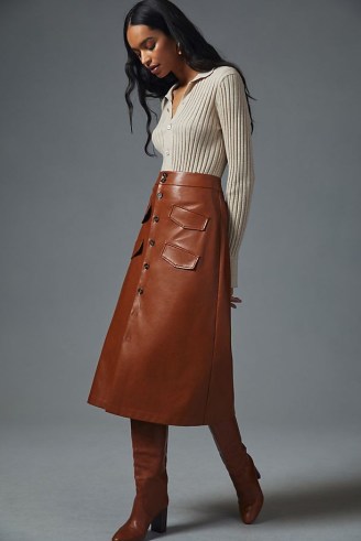 Mare Mare x Anthropologie Faux Leather Skirt in Brown ~ button front pocket detail midi skirts - flipped