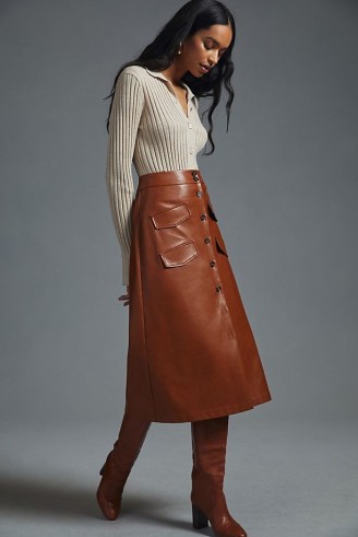 Mare Mare x Anthropologie Faux Leather Skirt in Brown ~ button front pocket detail midi skirts