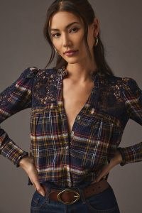 Pilcro Lace-Trimmed Blouse in Blue Motif / semi sheer checked blouses / pretty plaid tops