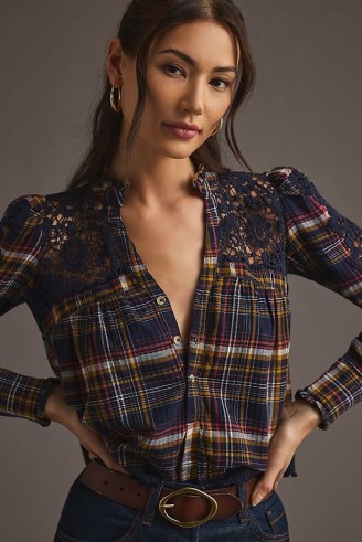 Pilcro Lace-Trimmed Blouse in Blue Motif / semi sheer checked blouses / pretty plaid tops - flipped